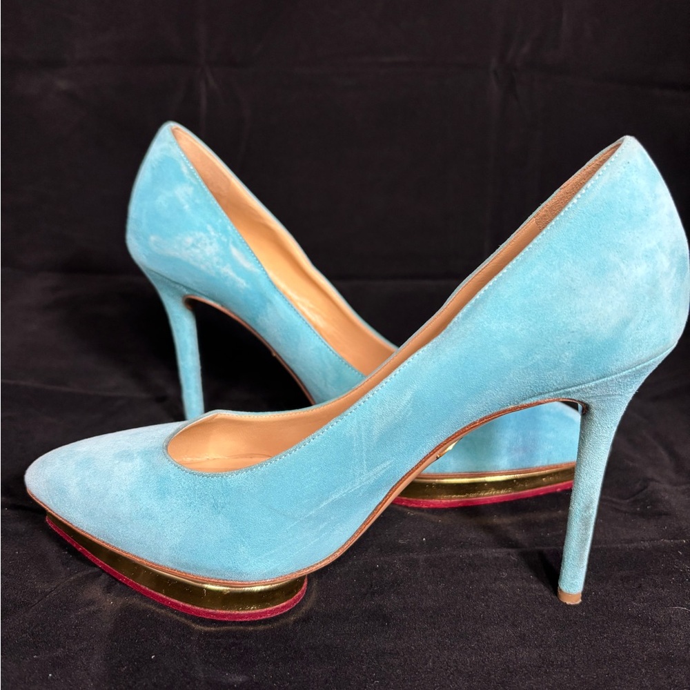 Charlotte Olympia Blue Heels with Gold Accents